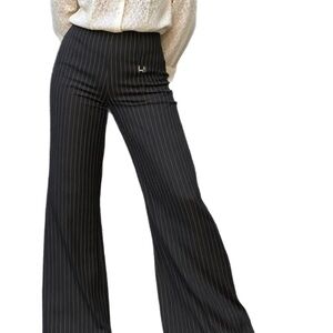 Sisley Dark Navy & Tan Pinstripe Flare Wide Leg Pants Size Small